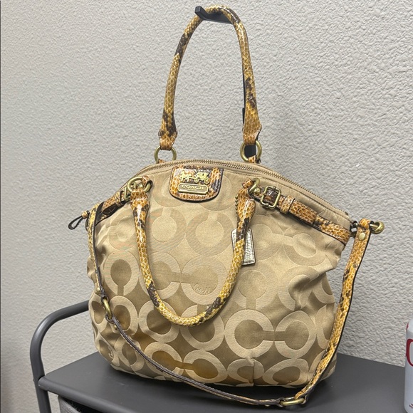 Coach Handbags - Coach Tan and Brown Signature Madison Sophia Snakeskin Satchel